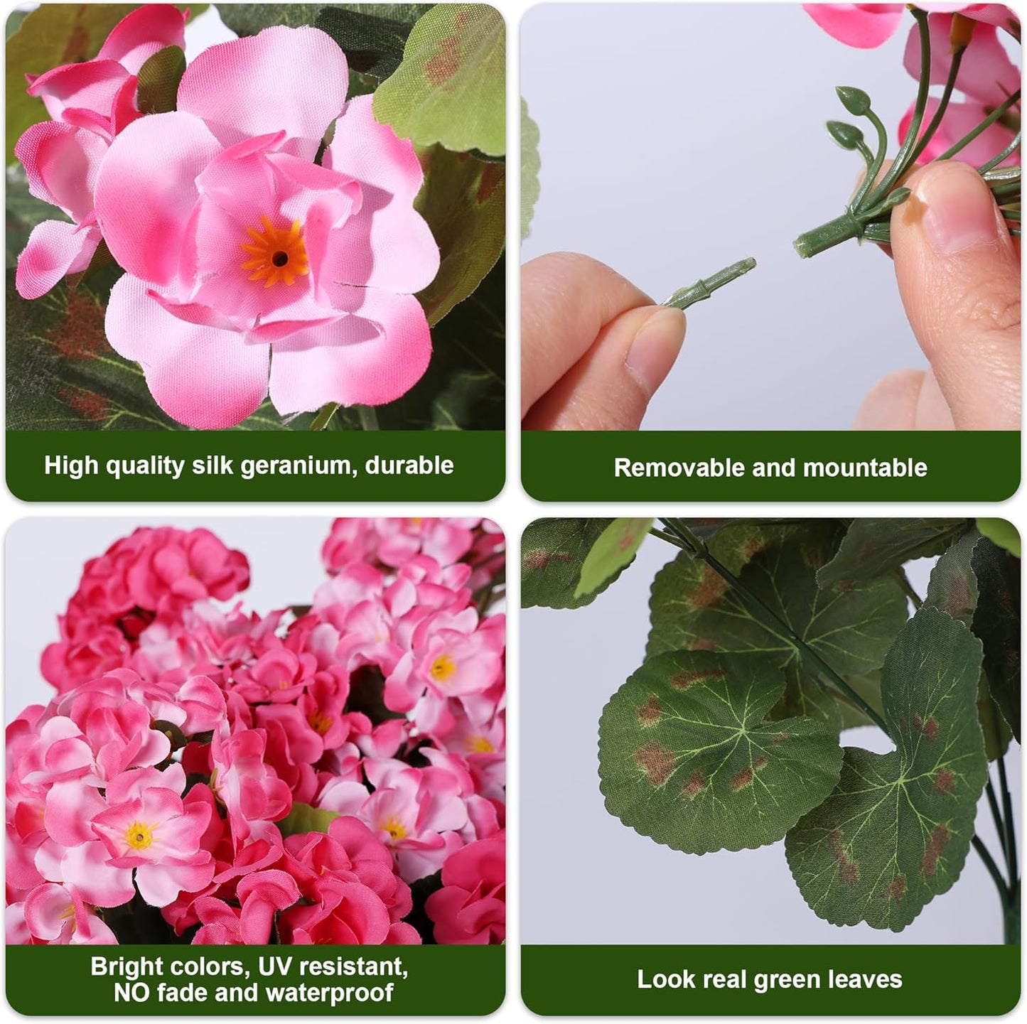 Artificial Geranium Fake Flowers for Outdoors Decoration, 6 Bundles Silk Geraniums Pink Flower UV Resistant Look Real Faux Plants for Outside Planter Front Door Garden Porch Patio Balcony Yard Home