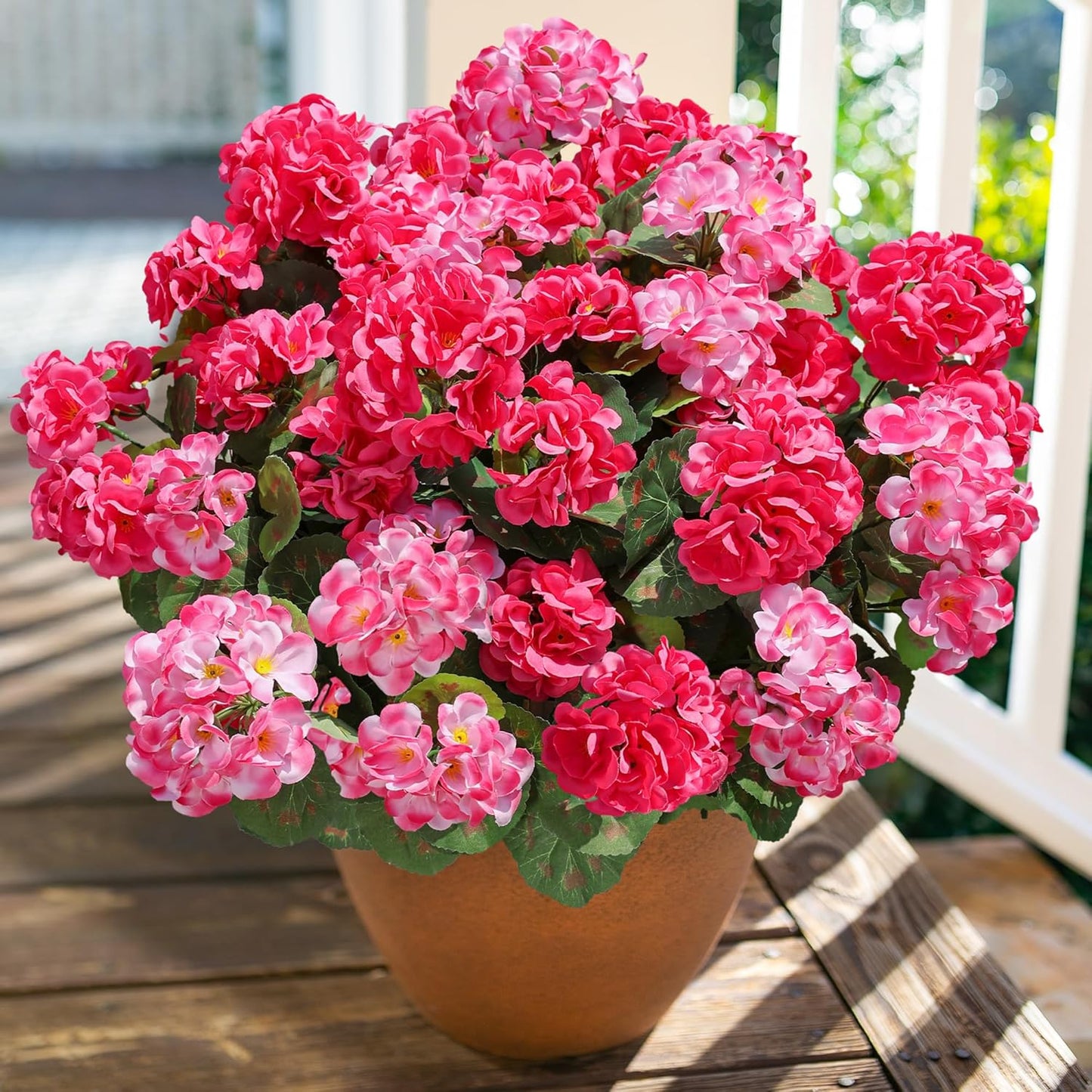 Artificial Geranium Fake Flowers for Outdoors Decoration, 6 Bundles Silk Geraniums Pink Flower UV Resistant Look Real Faux Plants for Outside Planter Front Door Garden Porch Patio Balcony Yard Home