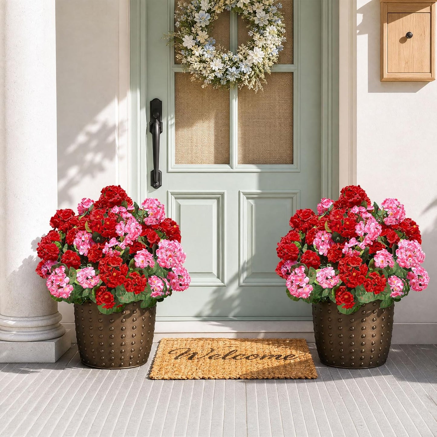 Artificial Geranium Fake Flowers for Outdoors Decoration, 6 Bundles Silk Geraniums Pink Flower UV Resistant Look Real Faux Plants for Outside Planter Front Door Garden Porch Patio Balcony Yard Home