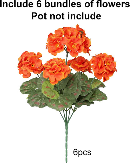 Artificial Geranium Fake Flowers for Outdoors Decoration, 6 Bundles Silk Geraniums Pink Flower UV Resistant Look Real Faux Plants for Outside Planter Front Door Garden Porch Patio Balcony Yard Home