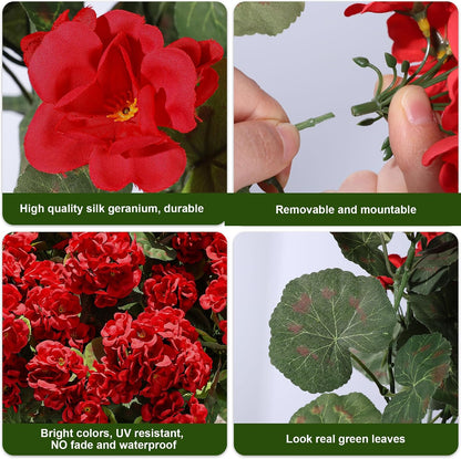 Artificial Geranium Fake Flowers for Outdoors Decoration, 6 Bundles Silk Geraniums Pink Flower UV Resistant Look Real Faux Plants for Outside Planter Front Door Garden Porch Patio Balcony Yard Home