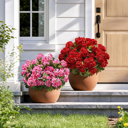 Artificial Geranium Fake Flowers for Outdoors Decoration, 6 Bundles Silk Geraniums Pink Flower UV Resistant Look Real Faux Plants for Outside Planter Front Door Garden Porch Patio Balcony Yard Home