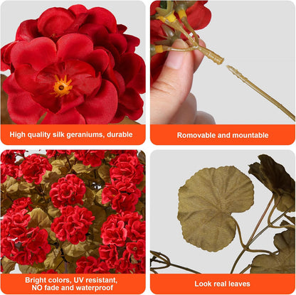 Artificial Geranium Fake Flowers for Outdoors Decoration, 6 Bundles Silk Geraniums Pink Flower UV Resistant Look Real Faux Plants for Outside Planter Front Door Garden Porch Patio Balcony Yard Home