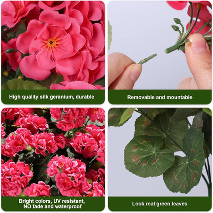 Artificial Geranium Fake Flowers for Outdoors Decoration, 6 Bundles Silk Geraniums Pink Flower UV Resistant Look Real Faux Plants for Outside Planter Front Door Garden Porch Patio Balcony Yard Home