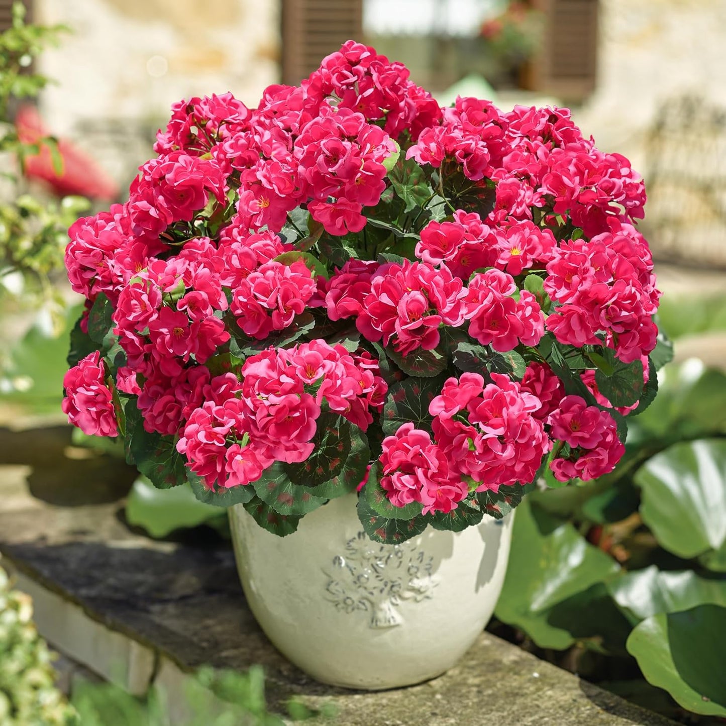 Artificial Geranium Fake Flowers for Outdoors Decoration, 6 Bundles Silk Geraniums Pink Flower UV Resistant Look Real Faux Plants for Outside Planter Front Door Garden Porch Patio Balcony Yard Home