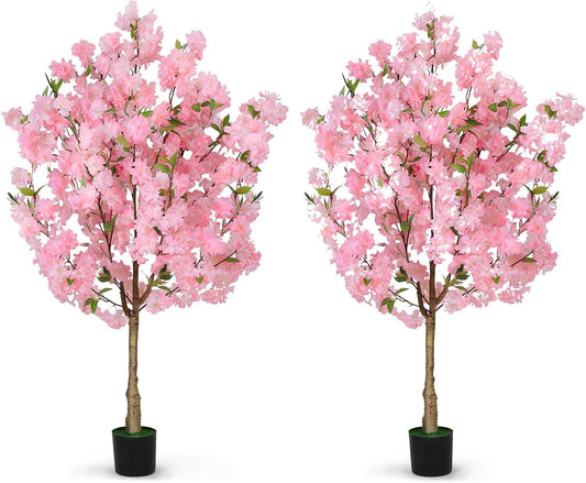 2 Pack Artificial Cherry Blossom Tree Fake Plants Faux Sakura Flowers, 4FT