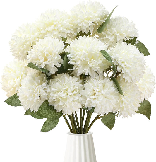 12Pcs Artificial Chrysanthemums Flowers Ball Silk Fall Chrysanthemums Fake Mums for Indoor Outdoors Garden Home Wedding Bouquet Spring Summer Decor(White)