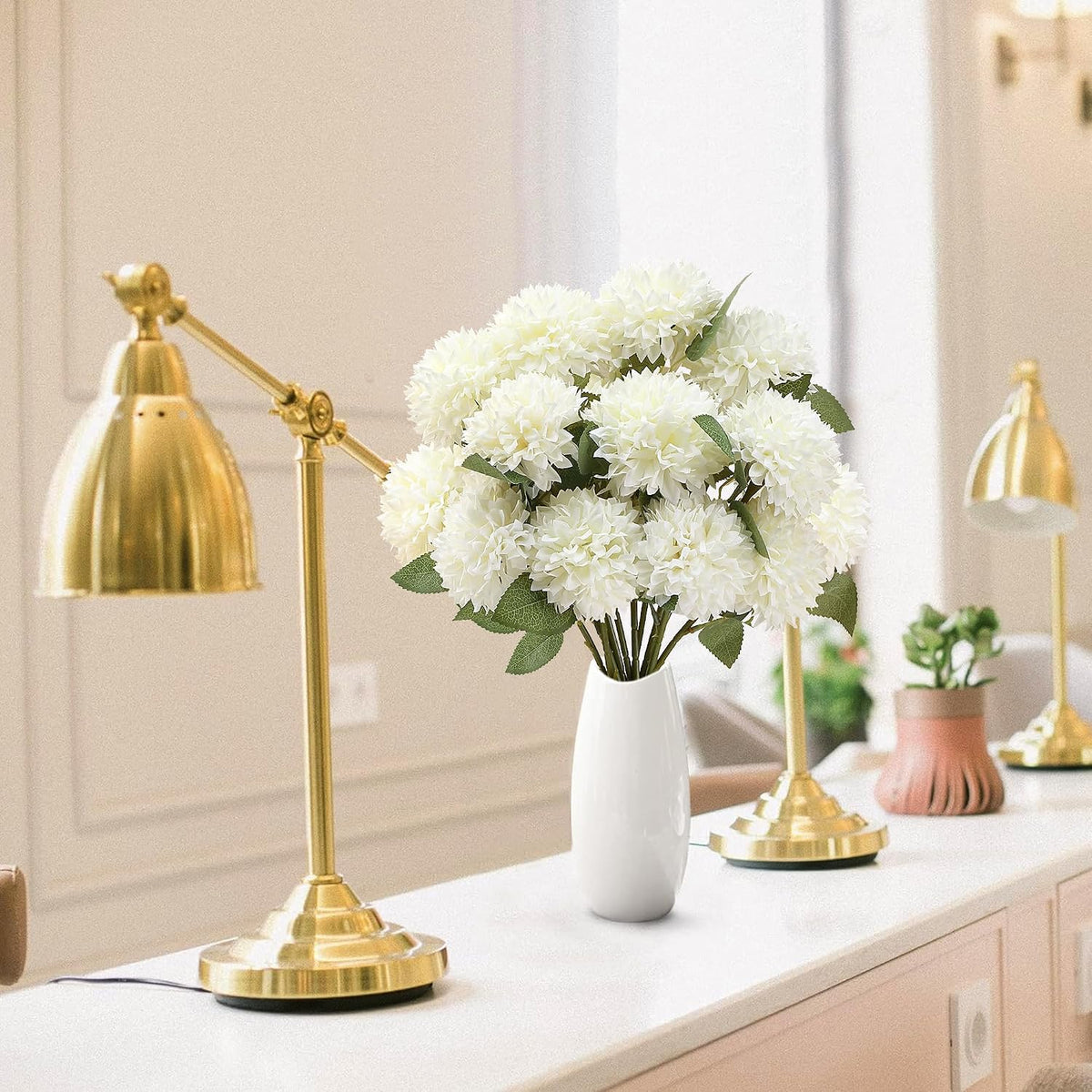 12Pcs Artificial Chrysanthemums Flowers Ball Silk Fall Chrysanthemums Fake Mums for Indoor Outdoors Garden Home Wedding Bouquet Spring Summer Decor(White)