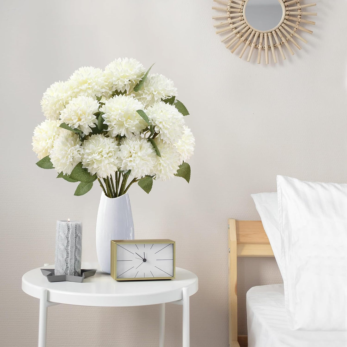 12Pcs Artificial Chrysanthemums Flowers Ball Silk Fall Chrysanthemums Fake Mums for Indoor Outdoors Garden Home Wedding Bouquet Spring Summer Decor(White)