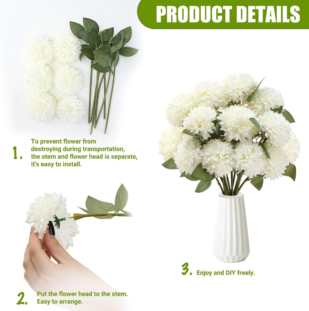 12Pcs Artificial Chrysanthemums Flowers Ball Silk Fall Chrysanthemums Fake Mums for Indoor Outdoors Garden Home Wedding Bouquet Spring Summer Decor(White)