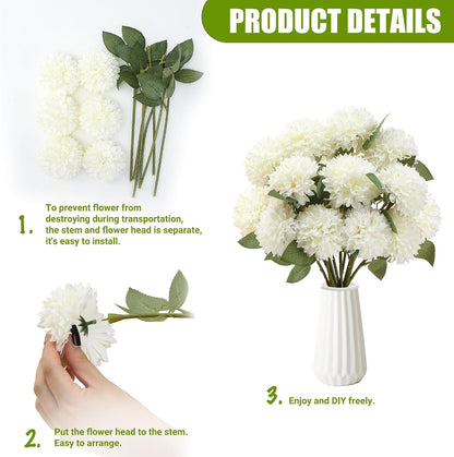 12Pcs Artificial Chrysanthemums Flowers Ball Silk Fall Chrysanthemums Fake Mums for Indoor Outdoors Garden Home Wedding Bouquet Spring Summer Decor(White)