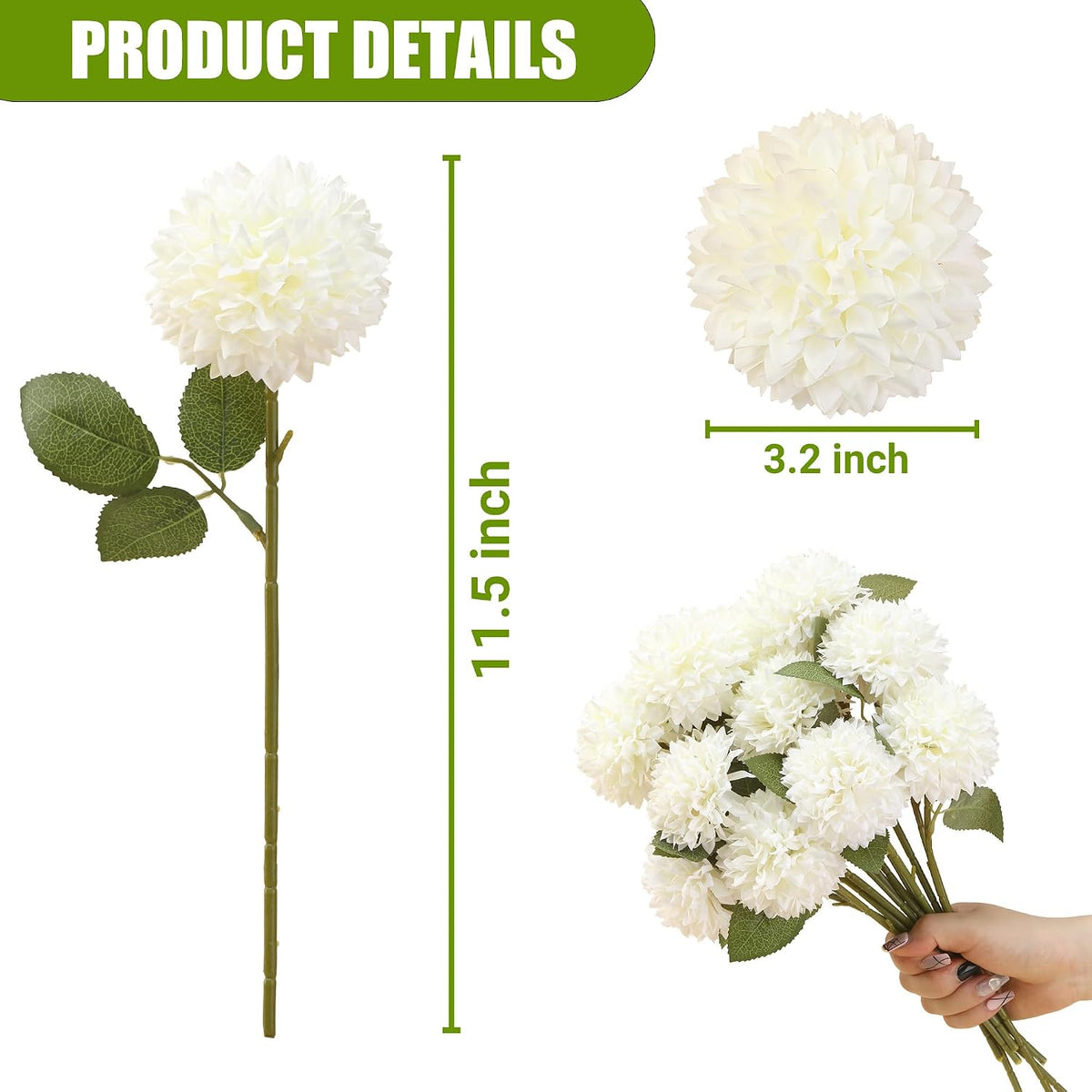 12Pcs Artificial Chrysanthemums Flowers Ball Silk Fall Chrysanthemums Fake Mums for Indoor Outdoors Garden Home Wedding Bouquet Spring Summer Decor(White)