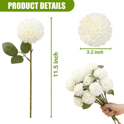 12Pcs Artificial Chrysanthemums Flowers Ball Silk Fall Chrysanthemums Fake Mums for Indoor Outdoors Garden Home Wedding Bouquet Spring Summer Decor(White)