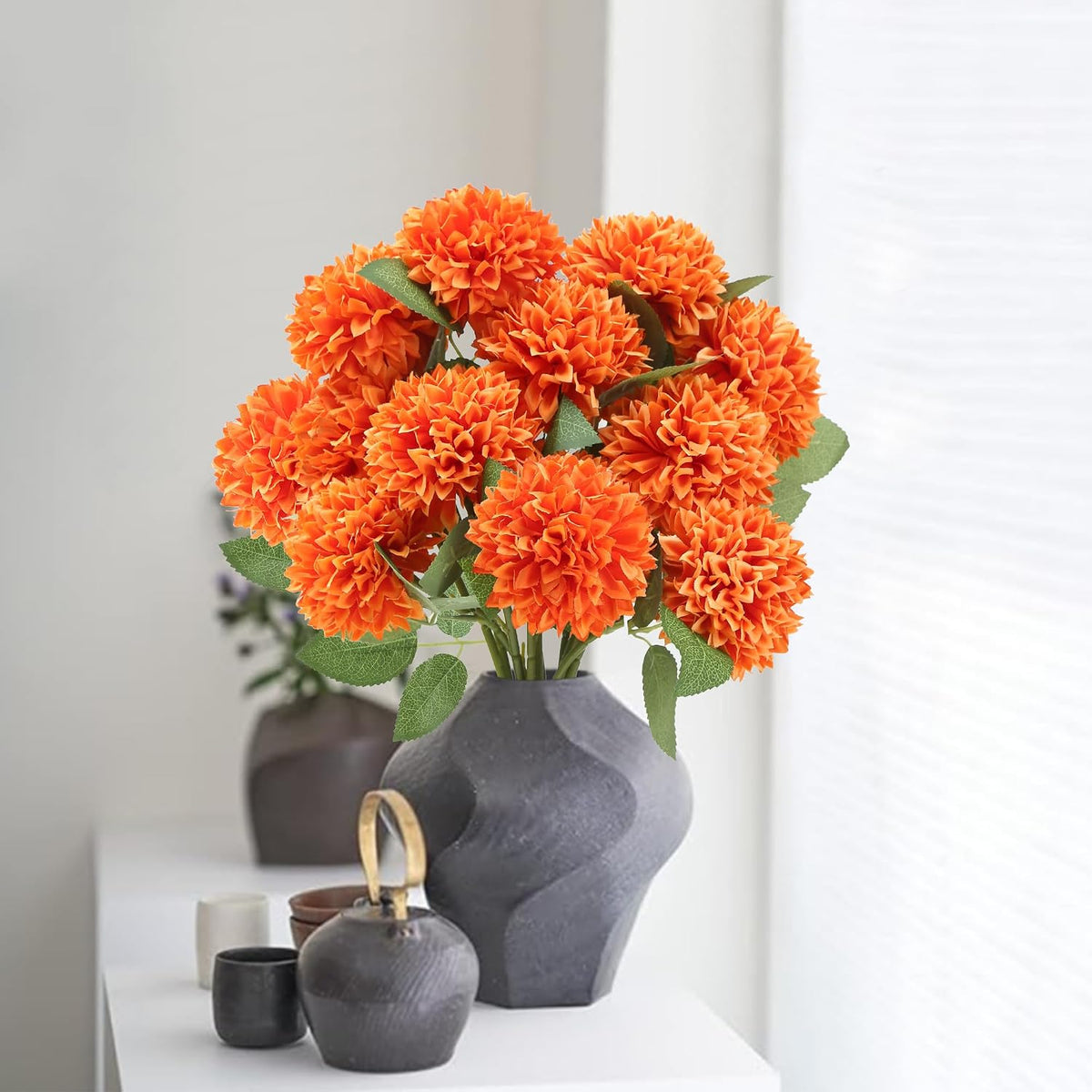12Pcs Artificial Chrysanthemums Flowers Ball Silk Fall Chrysanthemums Fake Mums for Indoor Outdoors Garden Home Wedding Bouquet Spring Summer Decor(White)