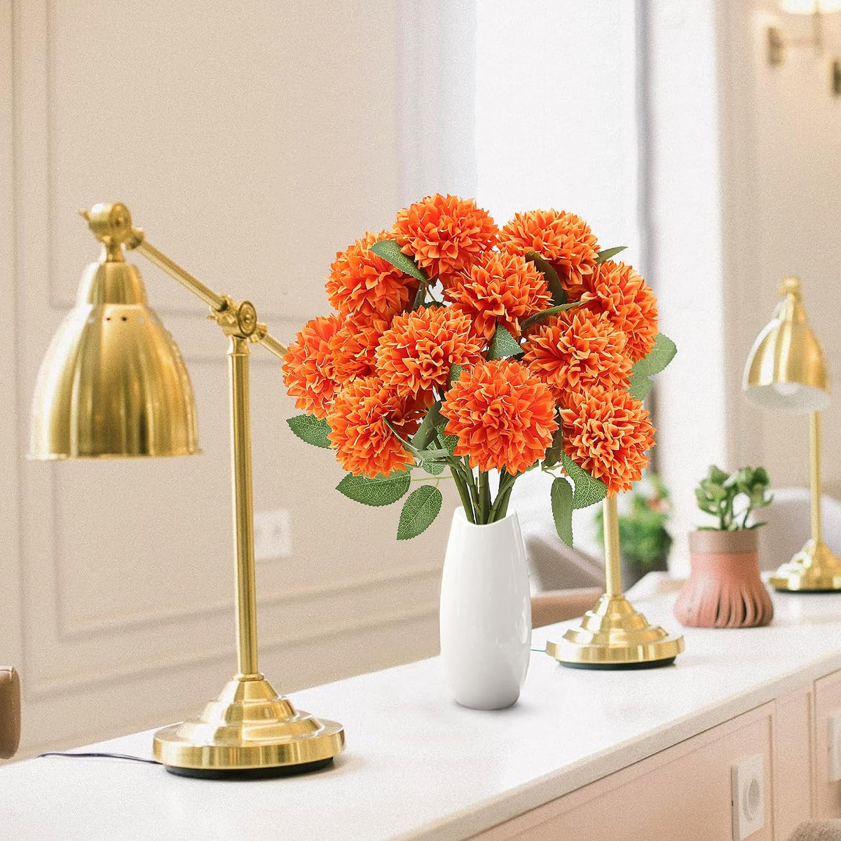 12Pcs Artificial Chrysanthemums Flowers Ball Silk Fall Chrysanthemums Fake Mums for Indoor Outdoors Garden Home Wedding Bouquet Spring Summer Decor(White)