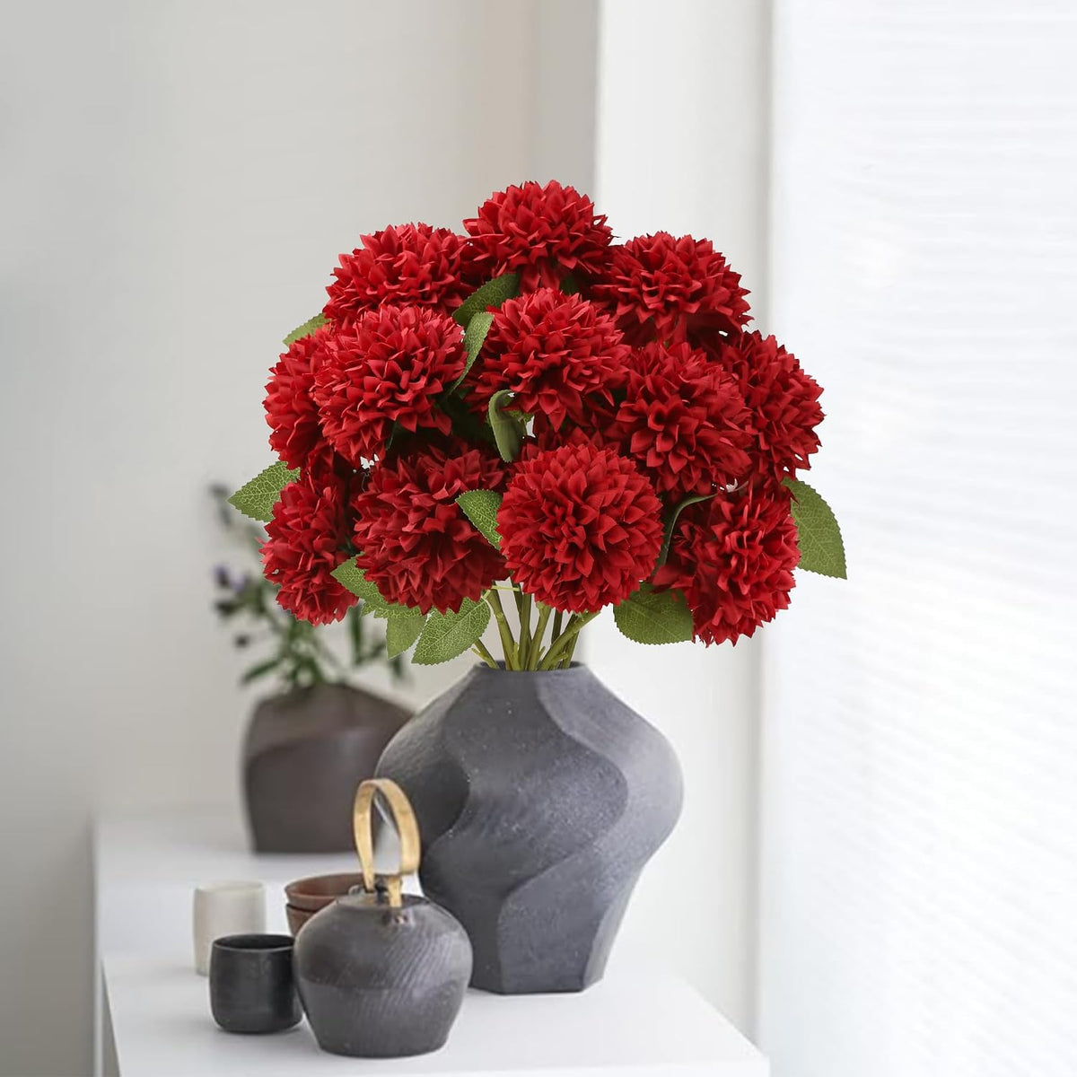 12Pcs Artificial Chrysanthemums Flowers Ball Silk Fall Chrysanthemums Fake Mums for Indoor Outdoors Garden Home Wedding Bouquet Spring Summer Decor(White)