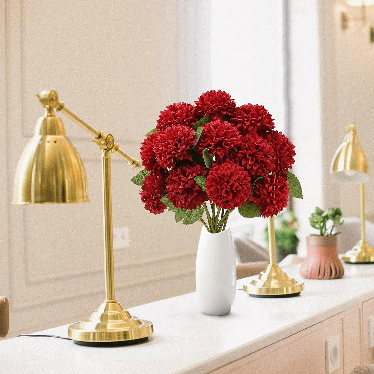 12Pcs Artificial Chrysanthemums Flowers Ball Silk Fall Chrysanthemums Fake Mums for Indoor Outdoors Garden Home Wedding Bouquet Spring Summer Decor(White)