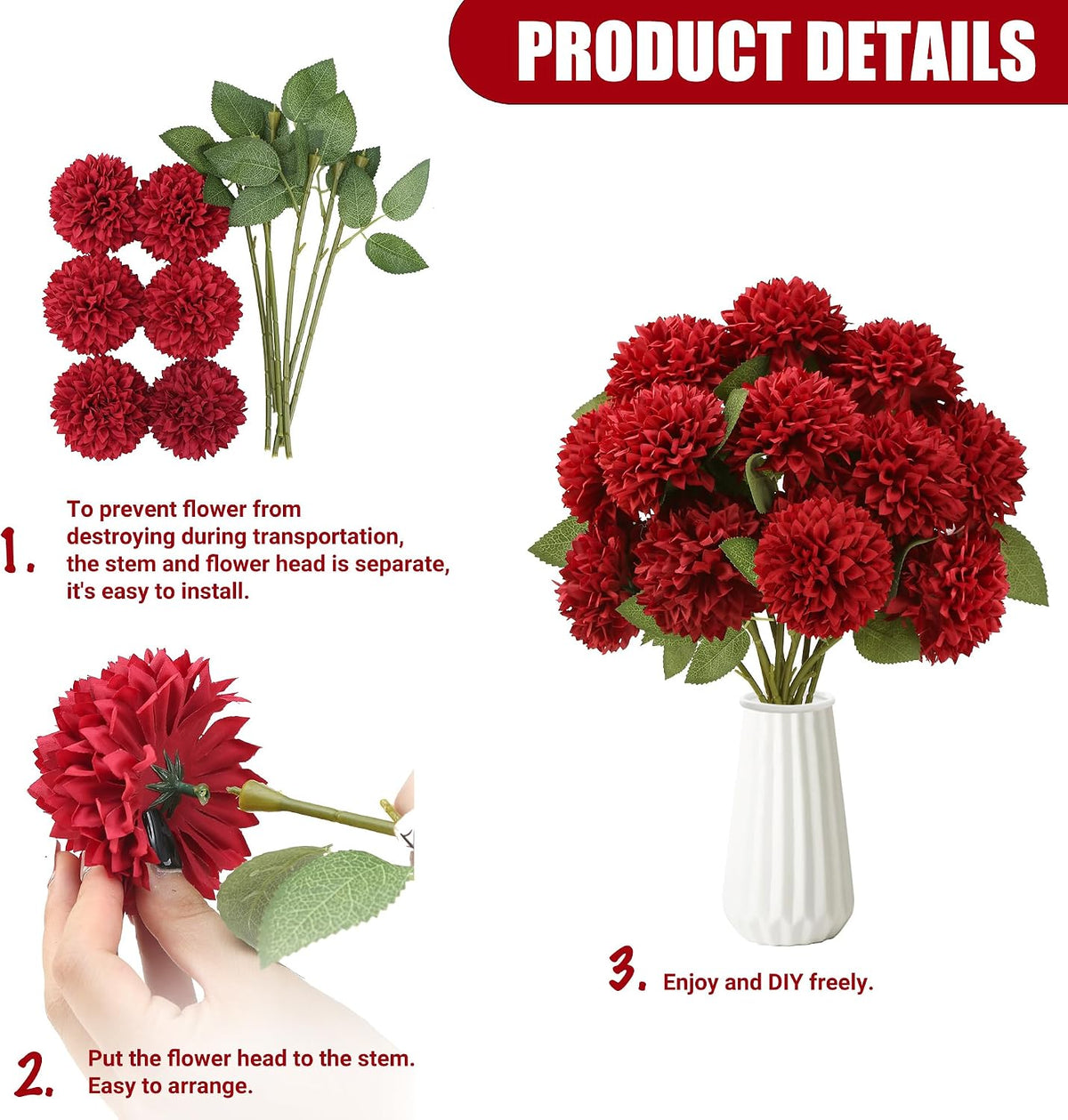 12Pcs Artificial Chrysanthemums Flowers Ball Silk Fall Chrysanthemums Fake Mums for Indoor Outdoors Garden Home Wedding Bouquet Spring Summer Decor(White)