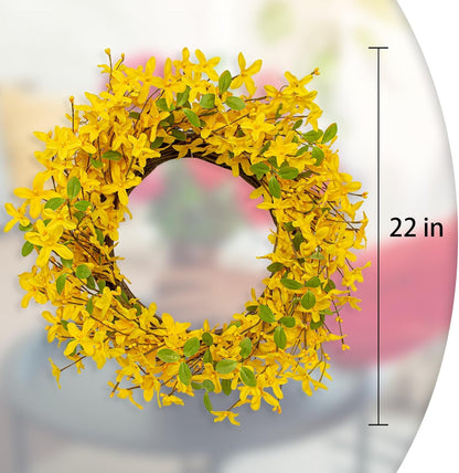 22 Inches Spring Wreath Artificial Spring Wreaths for Front Door Yellow Forsythia Wreath with Eucalyptus Leaves for Springtime Holidays Wall Porch Farmhouse
