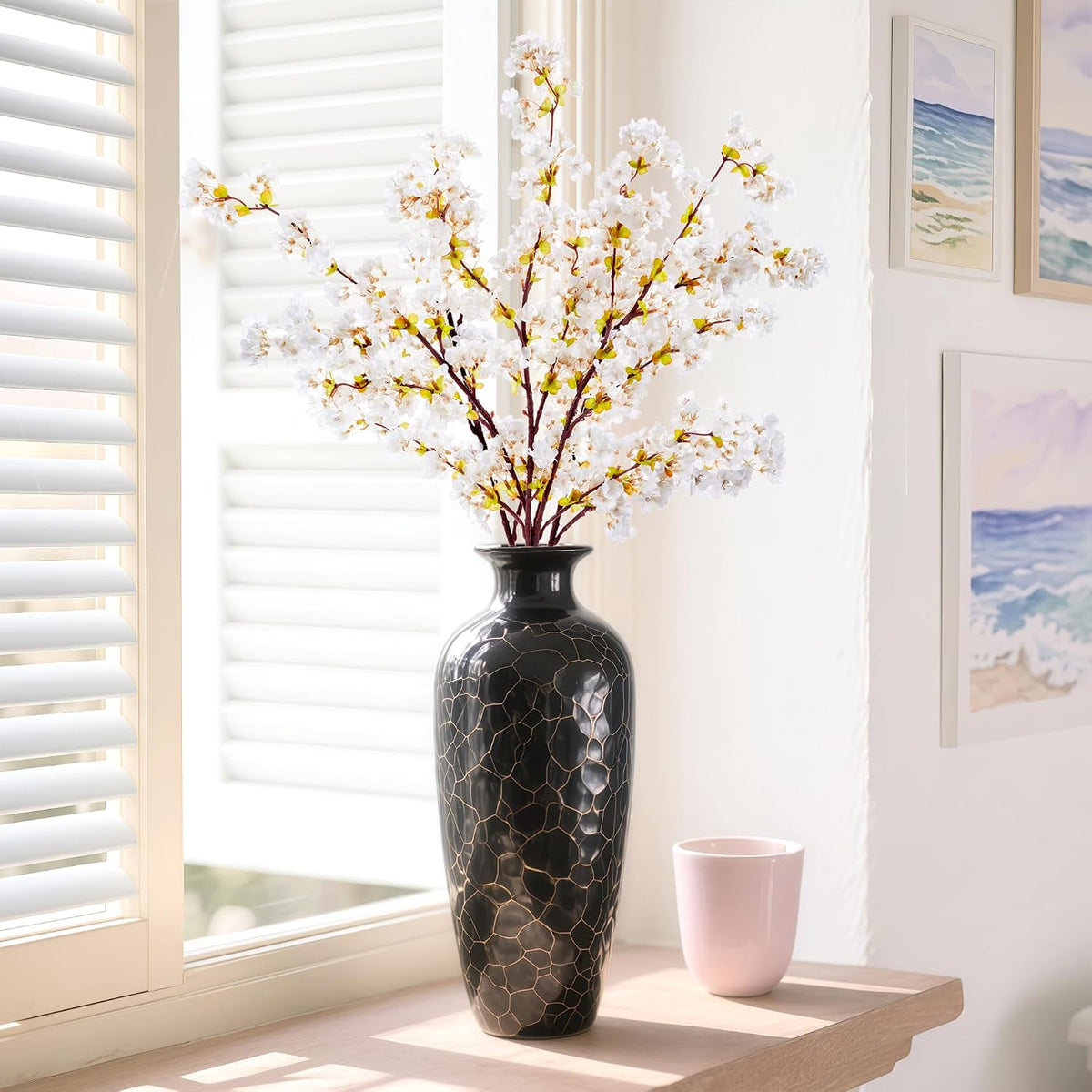 Artificial Cherry Blossom Branches Decor Fake Flowers Silk Spring Faux Flowers 16" Peach Bouquet for Home Wedding Bedroom Japanese Decoration DIY Table Centerpiece Arrangement(Pink)