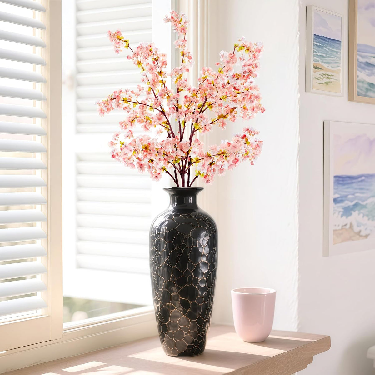 Artificial Cherry Blossom Branches Decor Fake Flowers Silk Spring Faux Flowers 16" Peach Bouquet for Home Wedding Bedroom Japanese Decoration DIY Table Centerpiece Arrangement(Pink)