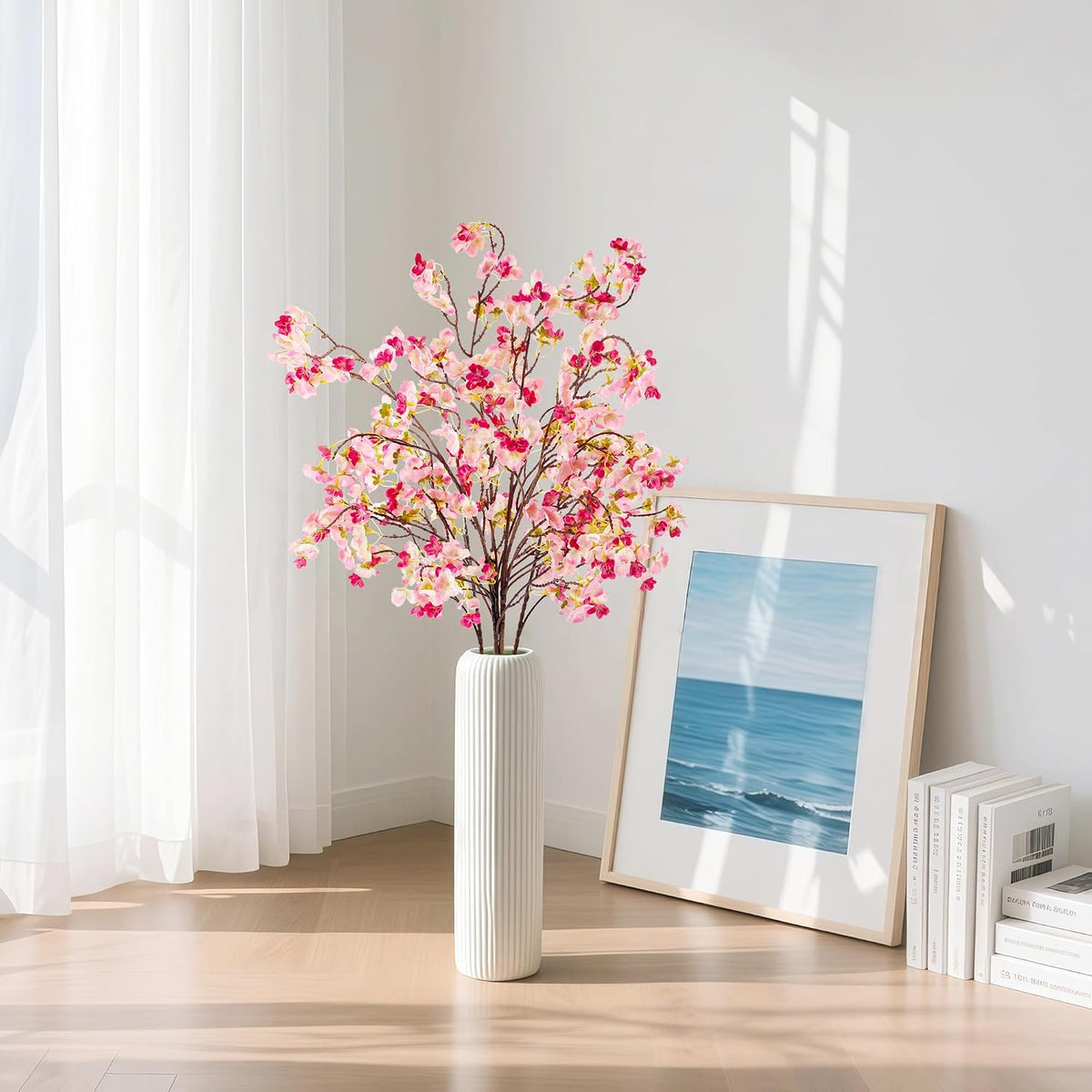 Artificial Cherry Blossom Branches Decor Fake Flowers Silk Spring Faux Flowers 16" Peach Bouquet for Home Wedding Bedroom Japanese Decoration DIY Table Centerpiece Arrangement(Pink)