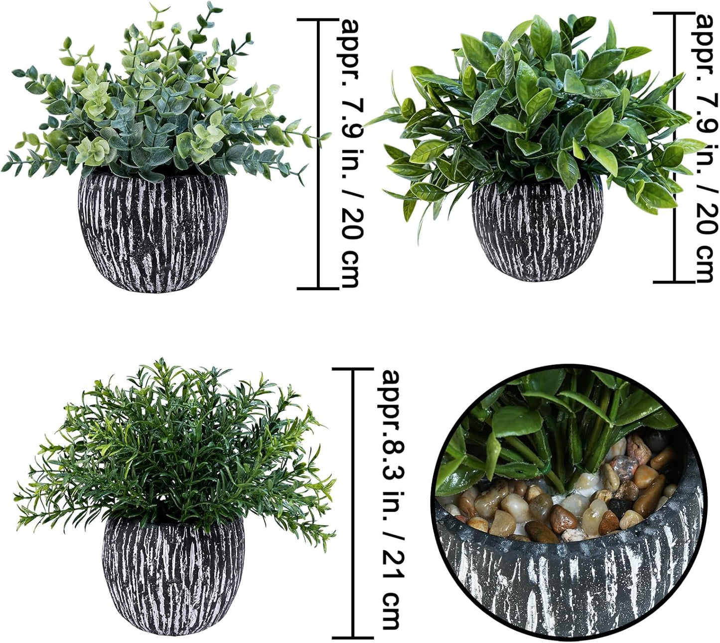 Set of 3 Artificial Potted Plants Faux Eucalyptus Rosemary Boxwood Greenery in Black & White Concrete Pots Small Fake Plant for Indoor Outdoor Home Office Table Shelf Windowsill Greens Décor