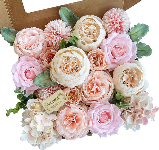 Roses Artificial Flowers Peach Bouquet Box Set Fake Flower for DIY Bridal Wedding Shower Decorations Table Centerpieces Faux Silk Floral Arrangement for Party Home Decor Indoor Pink - Colors B
