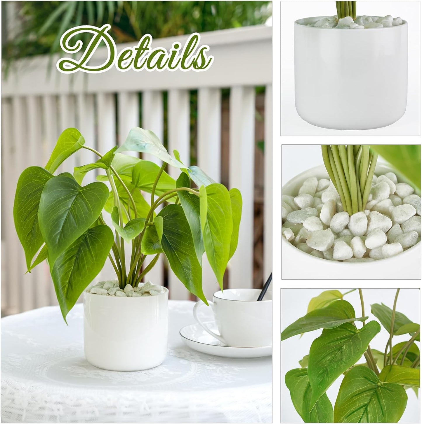 Fake Plants in Ceramic Pot, 11" Potted Artificial Plants Home Decor | Realistic Faux Green Leaf Plant with White Planter, Fake Pothos, for Desk Shelf Table Office Bathroom Bedroom Decoration