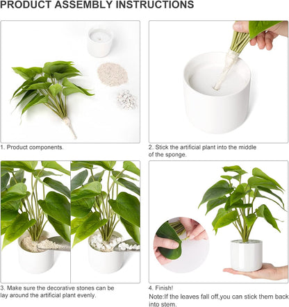 Fake Plants in Ceramic Pot, 11" Potted Artificial Plants Home Decor | Realistic Faux Green Leaf Plant with White Planter, Fake Pothos, for Desk Shelf Table Office Bathroom Bedroom Decoration