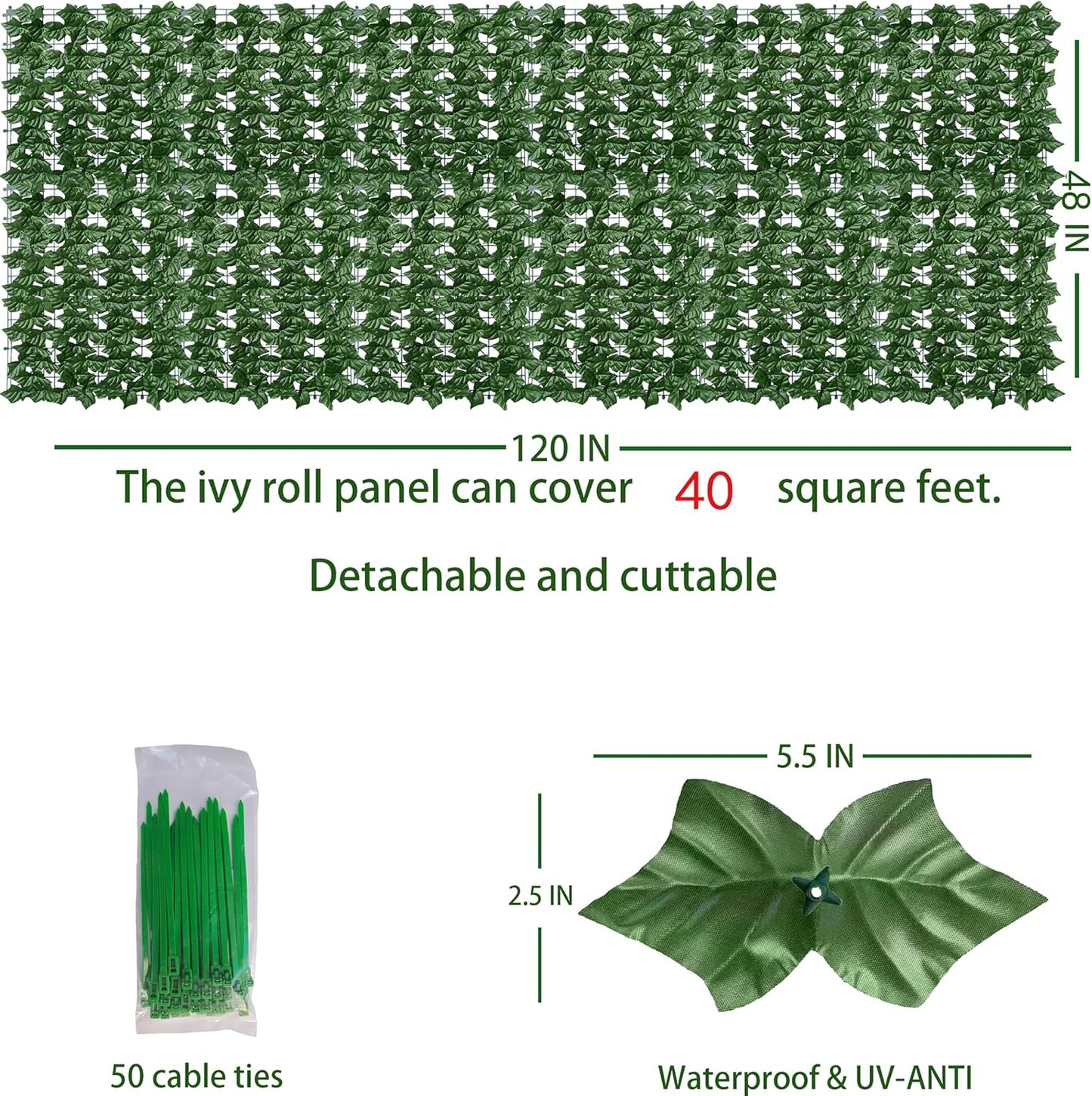 ODTORY Artificial Ivy Privacy Screen Fence Panel, Green 40 X 120 in | UV-Anti Faux Greenery Backdrop, Fake Vine Leaf Hedges Background, Patio/Balcony/Garden/Backyard, Indoor Outdoor Green Decor