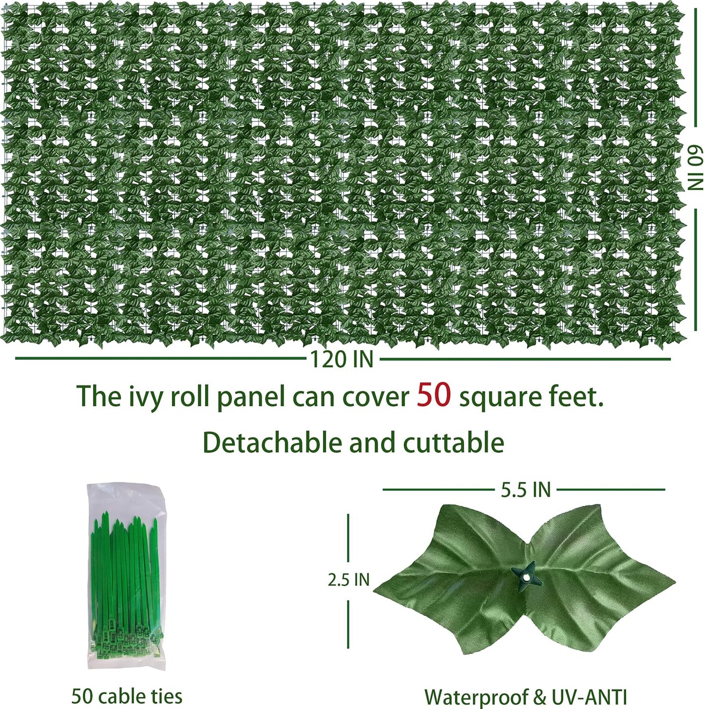 ODTORY Artificial Ivy Privacy Screen Fence Panel, Green 40 X 120 in | UV-Anti Faux Greenery Backdrop, Fake Vine Leaf Hedges Background, Patio/Balcony/Garden/Backyard, Indoor Outdoor Green Decor