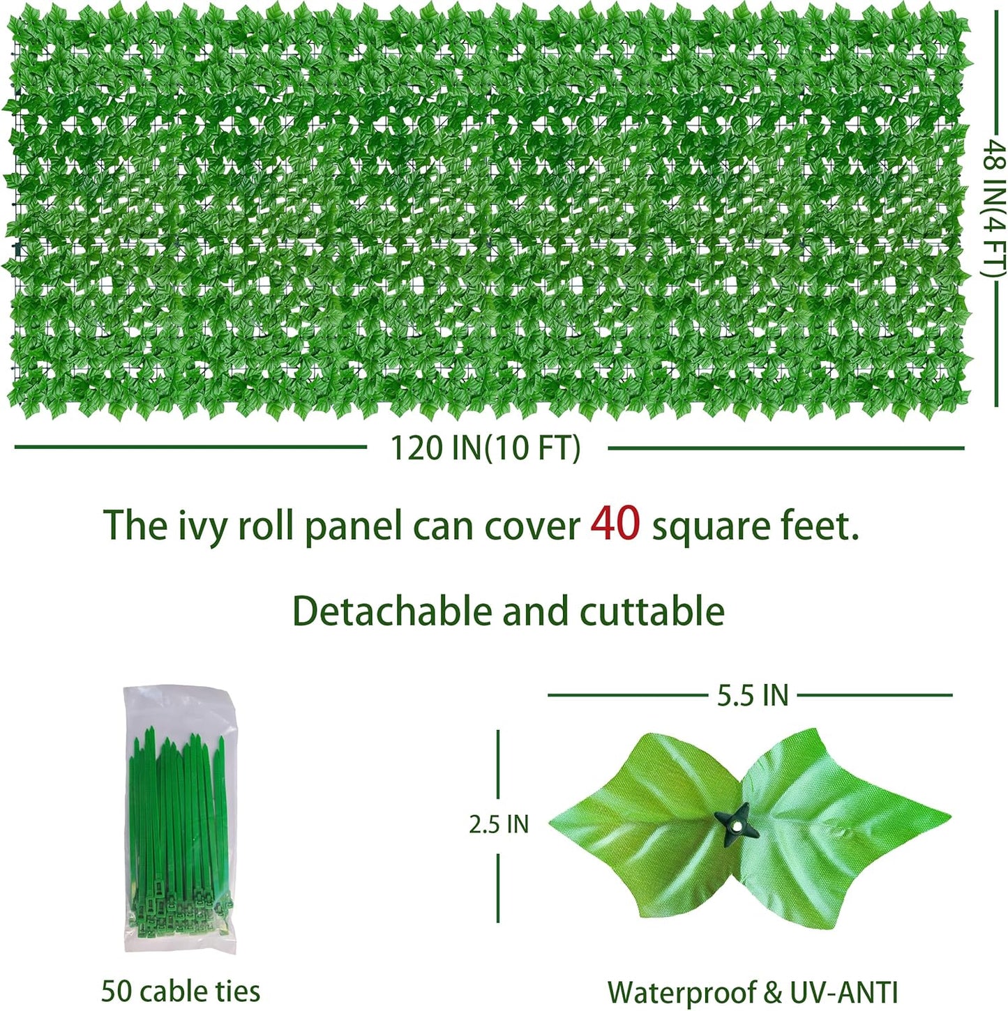 ODTORY Artificial Ivy Privacy Screen Fence Panel, Green 40 X 120 in | UV-Anti Faux Greenery Backdrop, Fake Vine Leaf Hedges Background, Patio/Balcony/Garden/Backyard, Indoor Outdoor Green Decor