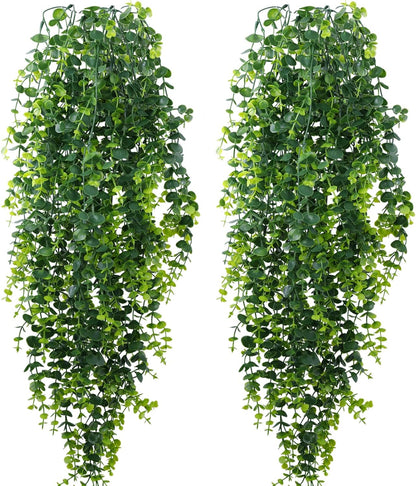 2-Pack Fake Hanging Plants, Faux Hanging Plant Artificial Greenery for Living Room Bedroom Boho Wall Shelf Indoor Outdoor Decor (Green Pothos Ivy Vines)
