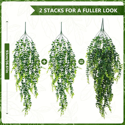2-Pack Fake Hanging Plants, Faux Hanging Plant Artificial Greenery for Living Room Bedroom Boho Wall Shelf Indoor Outdoor Decor (Green Pothos Ivy Vines)