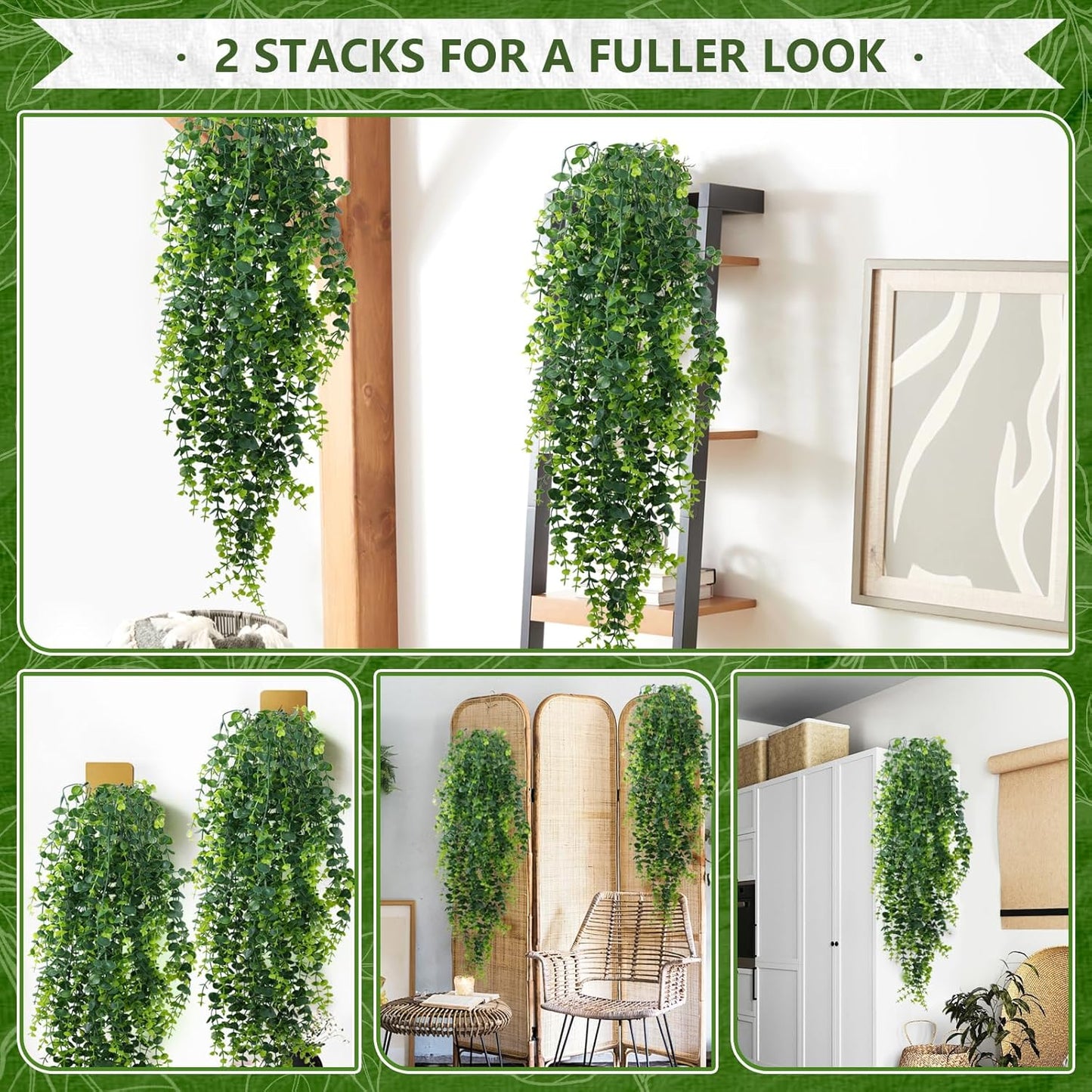 2-Pack Fake Hanging Plants, Faux Hanging Plant Artificial Greenery for Living Room Bedroom Boho Wall Shelf Indoor Outdoor Decor (Green Pothos Ivy Vines)