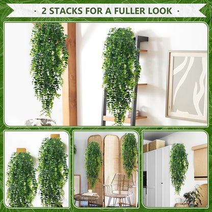 2-Pack Fake Hanging Plants, Faux Hanging Plant Artificial Greenery for Living Room Bedroom Boho Wall Shelf Indoor Outdoor Decor (Green Pothos Ivy Vines)