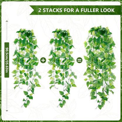 2-Pack Fake Hanging Plants, Faux Hanging Plant Artificial Greenery for Living Room Bedroom Boho Wall Shelf Indoor Outdoor Decor (Green Pothos Ivy Vines)