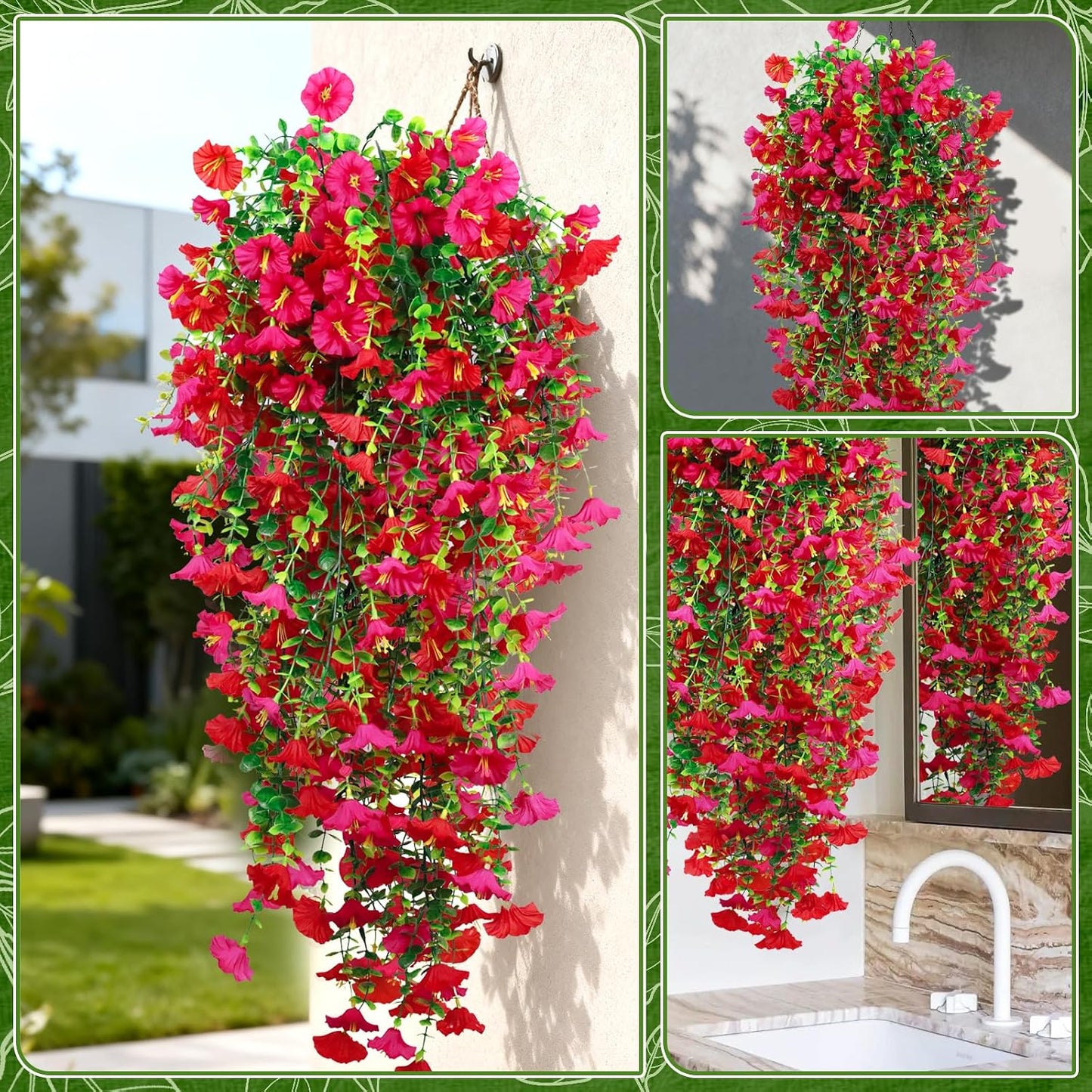 2-Pack Fake Hanging Plants, Faux Hanging Plant Artificial Greenery for Living Room Bedroom Boho Wall Shelf Indoor Outdoor Decor (Green Pothos Ivy Vines)