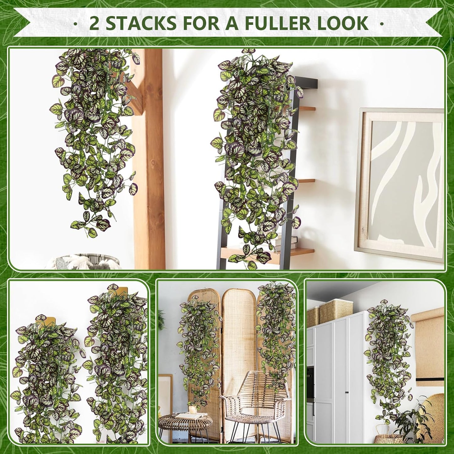 2-Pack Fake Hanging Plants, Faux Hanging Plant Artificial Greenery for Living Room Bedroom Boho Wall Shelf Indoor Outdoor Decor (Green Pothos Ivy Vines)