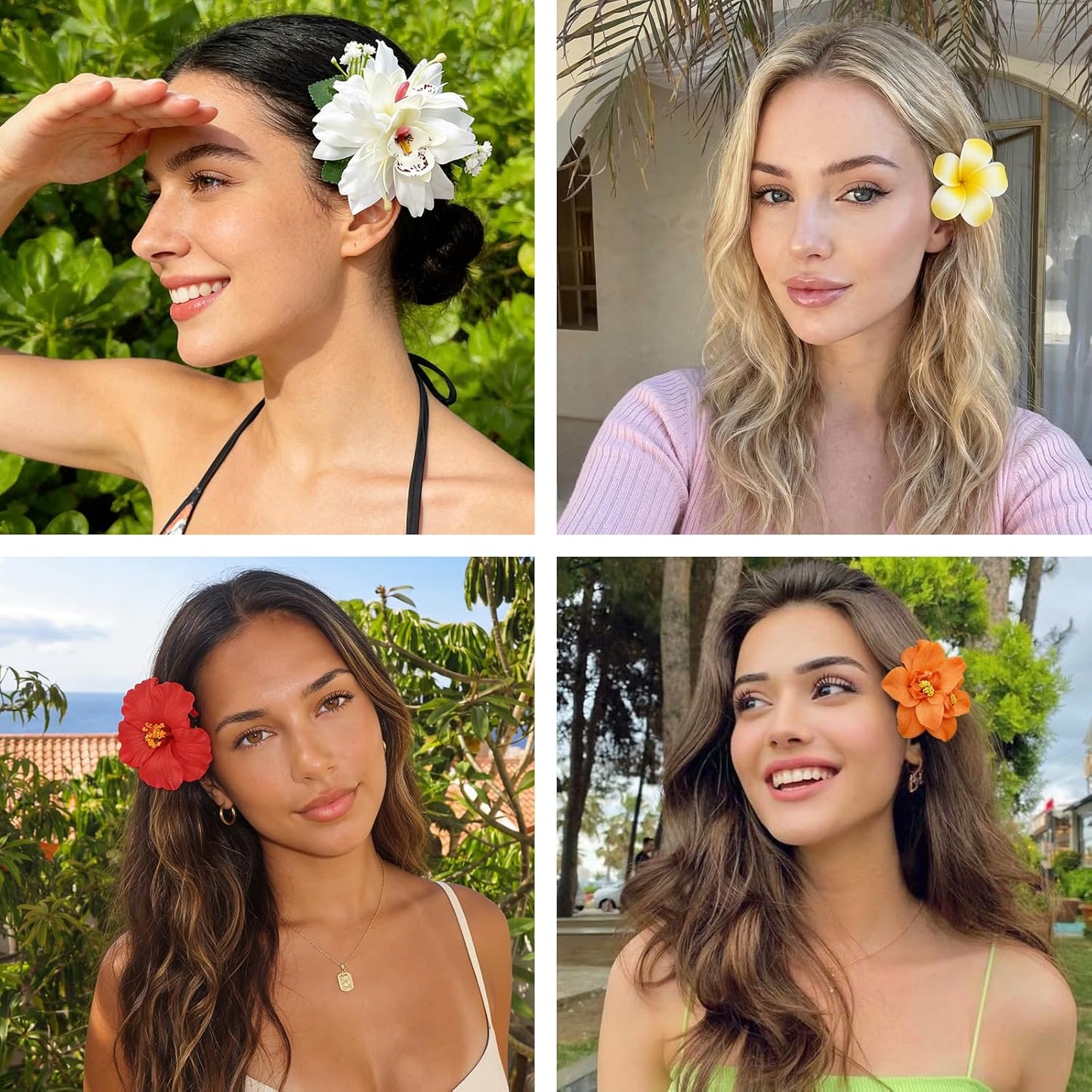 10 pcs Hawaiian Flower Hair Clips for Women，Orchid Hibiscus Hair Clips Artificial Flower Clips，Boho Hair Accessories for Vacation Beach Party - Hibiscus & Orchid