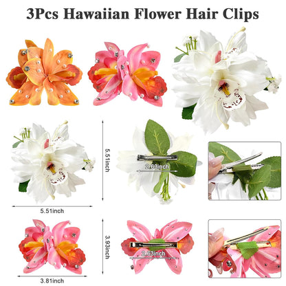 10 pcs Hawaiian Flower Hair Clips for Women，Orchid Hibiscus Hair Clips Artificial Flower Clips，Boho Hair Accessories for Vacation Beach Party - Hibiscus & Orchid