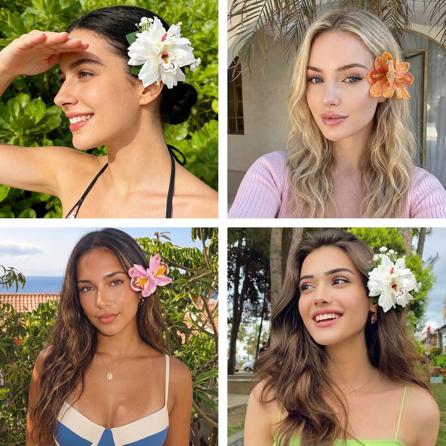 10 pcs Hawaiian Flower Hair Clips for Women，Orchid Hibiscus Hair Clips Artificial Flower Clips，Boho Hair Accessories for Vacation Beach Party - Hibiscus & Orchid