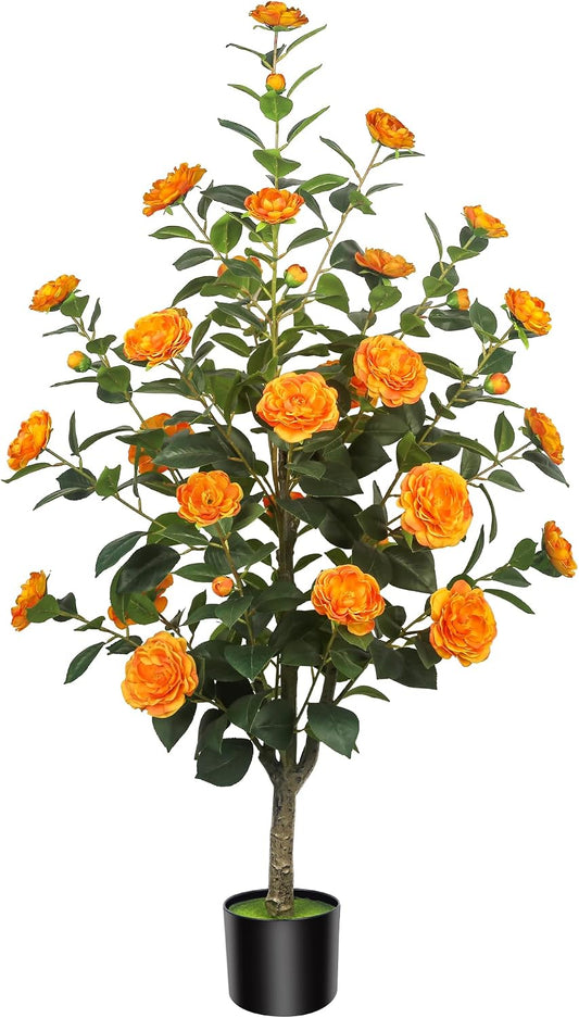 1Pack 4FT Artificial Camellia Trees with 36pcs Flowers in Cement Pots – Lifelike Fake Trees for Front Porch, Home, Indoor Outdoor Spring Decor, Office or Housewarming Gifts (Orange)
