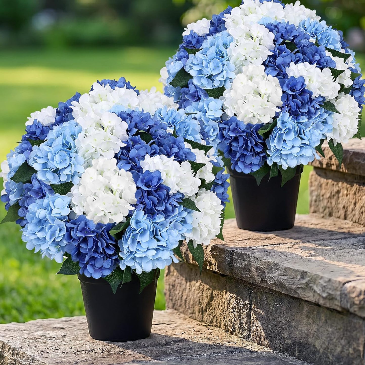 2 Pack Potted Artificial Flowers for Outdoors - Mixed Green | 16 Inch Pre-Assembly Fake Potted Silk Hydrangeas, UV Resistant, Potted Plant for Outside Home Front Door Patio Balcony Decor