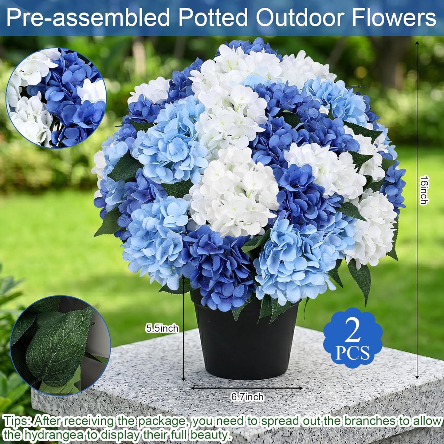 2 Pack Potted Artificial Flowers for Outdoors - Mixed Green | 16 Inch Pre-Assembly Fake Potted Silk Hydrangeas, UV Resistant, Potted Plant for Outside Home Front Door Patio Balcony Decor