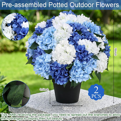 2 Pack Potted Artificial Flowers for Outdoors - Mixed Green | 16 Inch Pre-Assembly Fake Potted Silk Hydrangeas, UV Resistant, Potted Plant for Outside Home Front Door Patio Balcony Decor
