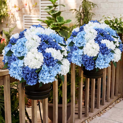 2 Pack Potted Artificial Flowers for Outdoors - Mixed Green | 16 Inch Pre-Assembly Fake Potted Silk Hydrangeas, UV Resistant, Potted Plant for Outside Home Front Door Patio Balcony Decor