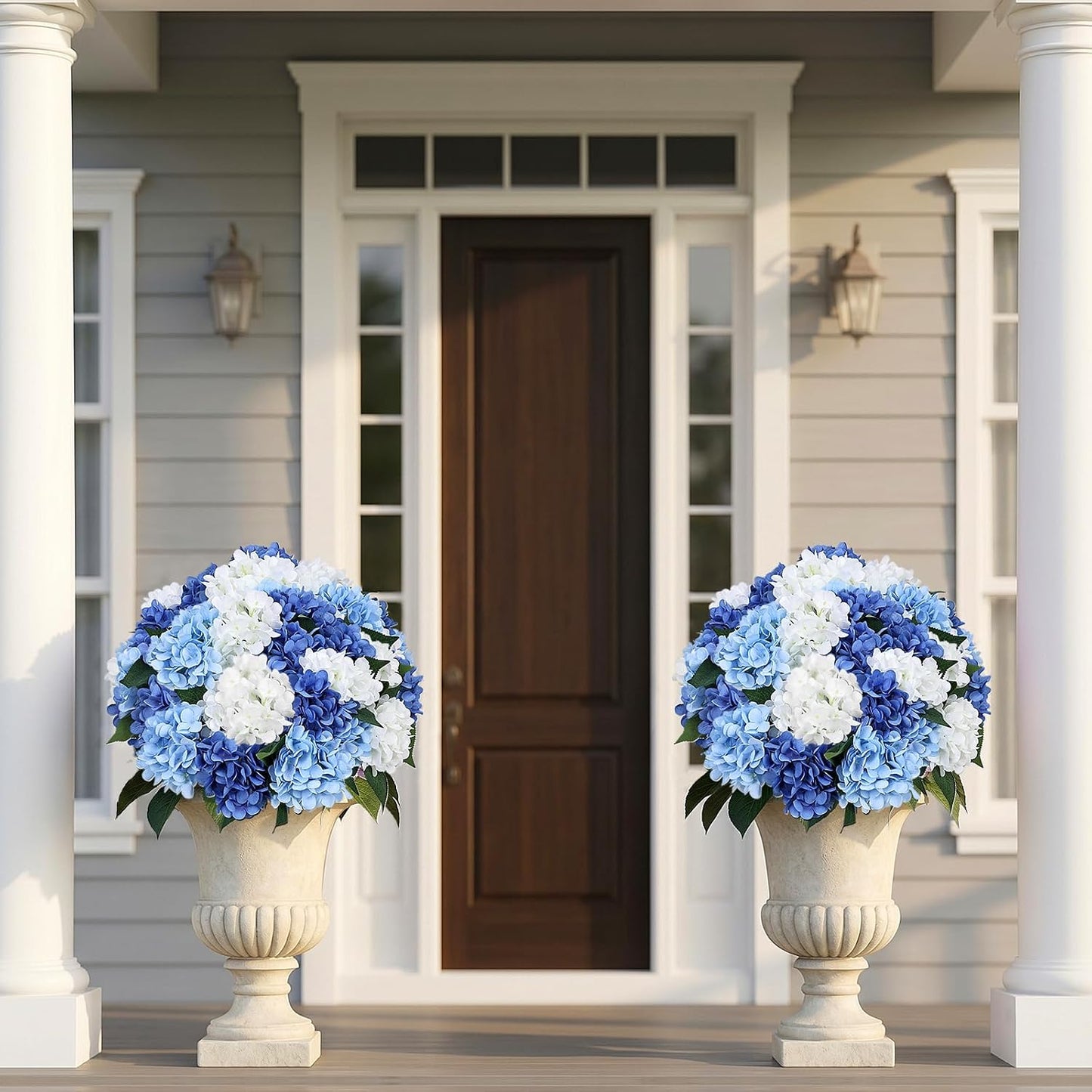 2 Pack Potted Artificial Flowers for Outdoors - Mixed Green | 16 Inch Pre-Assembly Fake Potted Silk Hydrangeas, UV Resistant, Potted Plant for Outside Home Front Door Patio Balcony Decor