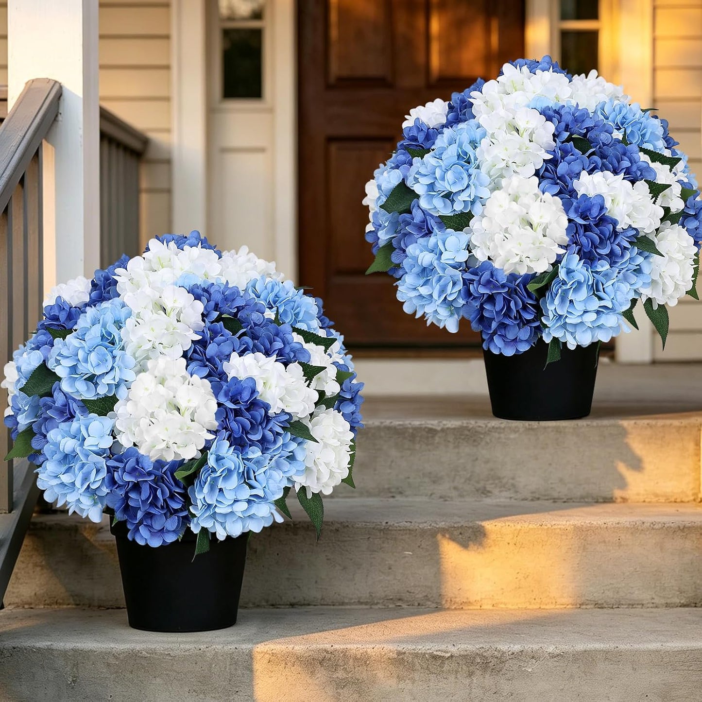 2 Pack Potted Artificial Flowers for Outdoors - Mixed Green | 16 Inch Pre-Assembly Fake Potted Silk Hydrangeas, UV Resistant, Potted Plant for Outside Home Front Door Patio Balcony Decor